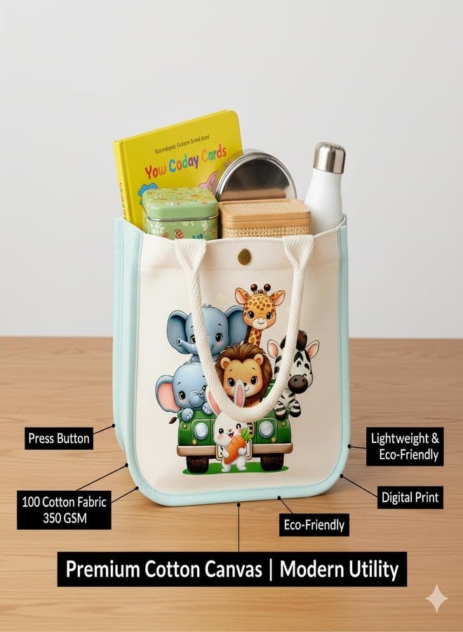 HOBBY INDIA Kids Lunch Bag | Cute & Stylish Mini Tiffin Bag for Boys & Girls | Cute Cotton Cartoon Design I Perfect For Picnic Tuition School, Preschool & Playschool (Jungle Safari) - Image 4